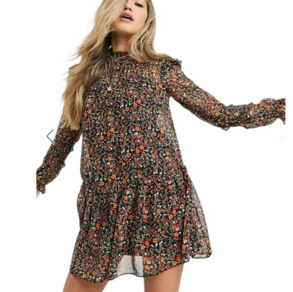 Topshop Mini Dress with Pintuck Detail in Ditsy Floral Long Sleeves Sz 6 NEW - Picture 9 of 9